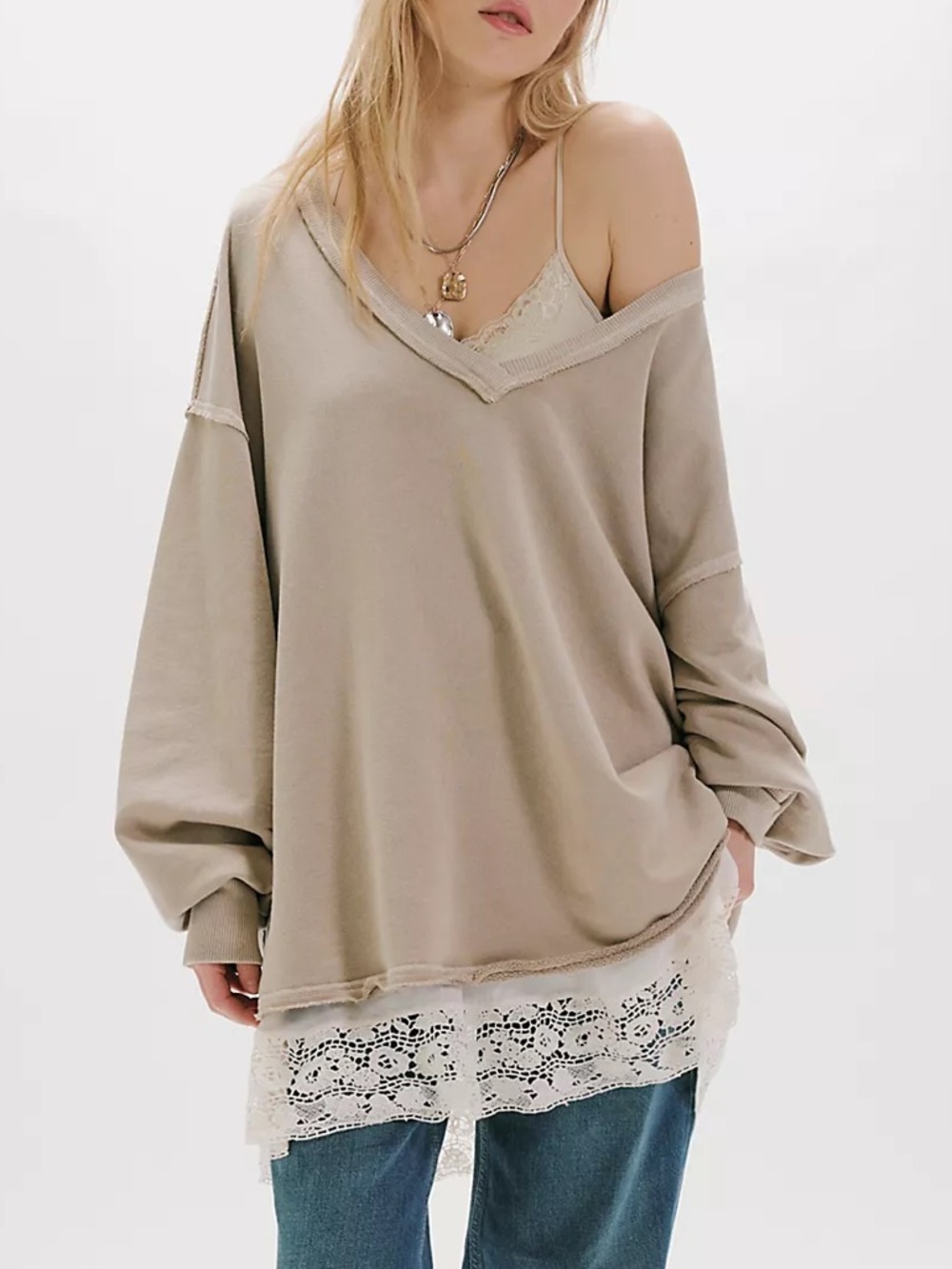 NWT Free People We The Free Venice V-Neck Sweatshirt in Fossil Island Sz M